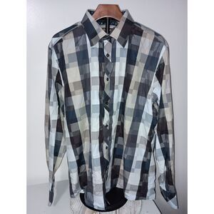 Zagiri: Blue/Gray Block Pattern Button Down Shirt, Men's Size 2XL